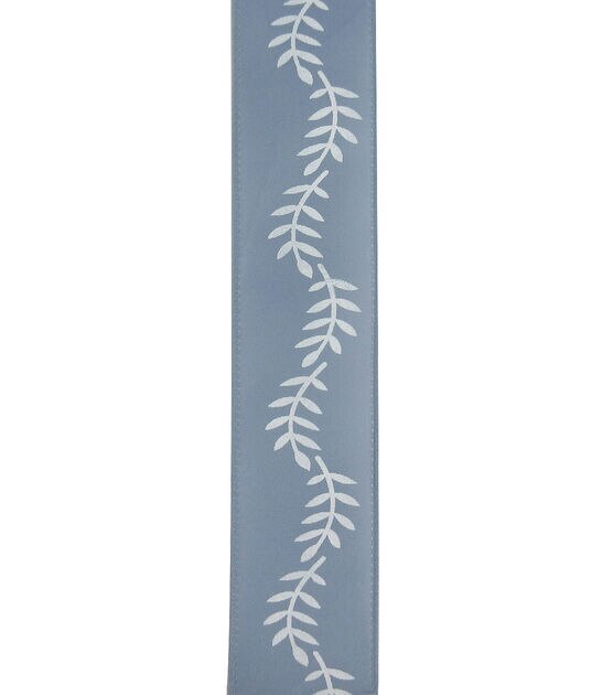 Save the Date 1.5" x 15' White Ferns on Gray Blue Ribbon, , hi-res, image 2