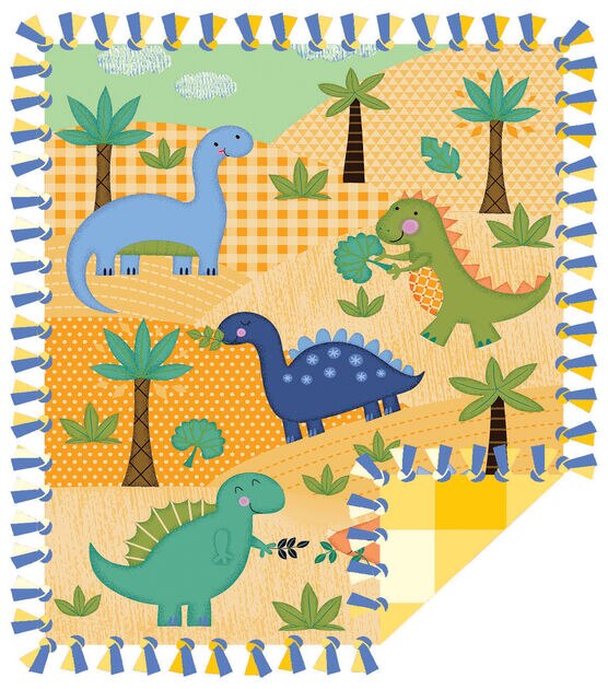 48" Wide Gingham & Dinosaur No Sew Fleece Blanket