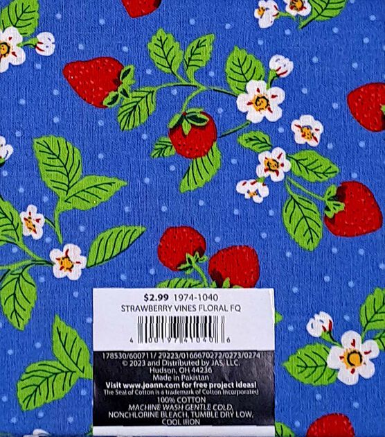 18" x 21" Strawberries on Blue Novelty Cotton Fabric Quarter 1pc, , hi-res, image 2