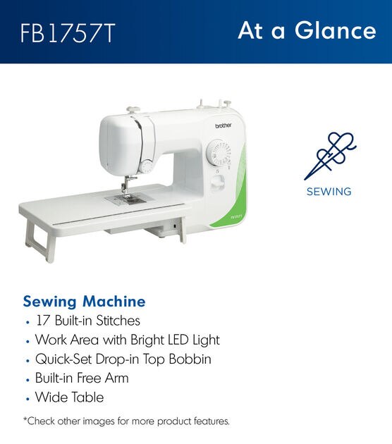 Brother FB1757T 17 Stitch Basic Mechanical Sewing Machine Full Size, Wide Extension  Table, Buttonhole Balance Adjust, Manual Thread Cutters, 12Lb, DVD