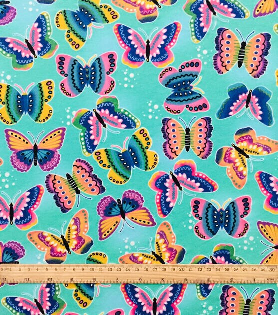 Butterflies on Teal Cotton Interlock Knit Fabric by POP!, , hi-res, image 2