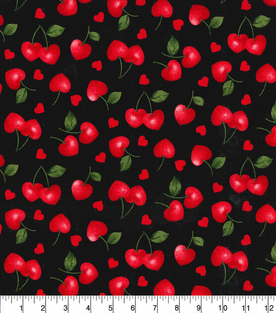 Fabric Traditions Cherry Hearts On Black Valentine's Day Cotton Fabric