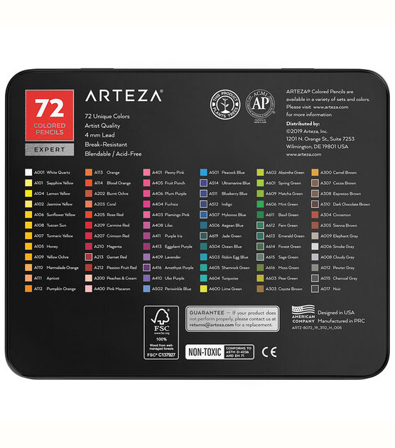 Arteza 72 Expert Colored Pencils Swatch Chart 