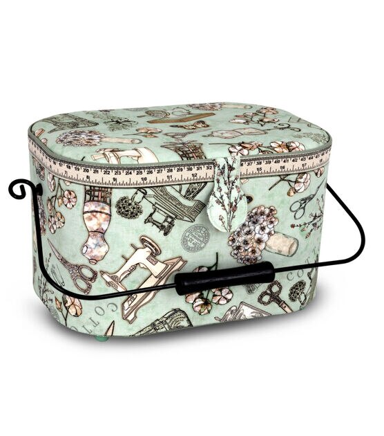 SEWING BASKET 'bee' Design Grey Wicker Large Size Twin Lids 