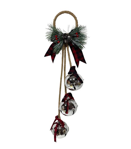 26" Christmas Hanging Silver Jingle Bells With Bow by Place & Time