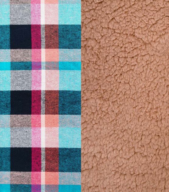 Blue & Brown Plaid Tan Flannel Backed Sherpa Fabric