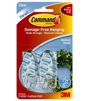 Command Designer Hooks, Medium, Plastic, 3 lb Capacity, White, 13 Hooks and 16 Strips/Pack