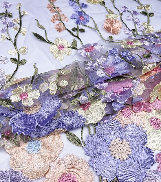 Purple Pastel Floral 3D Embellished Mesh Fabric, , hi-res, image 4
