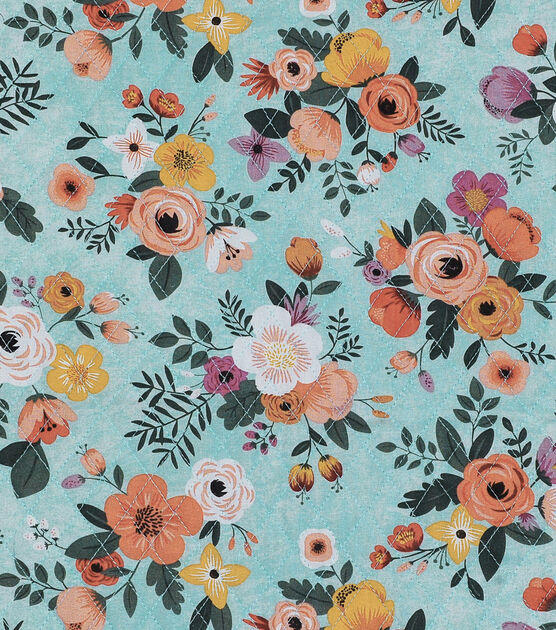 Floral on Aqua Double Faced Pre Quilted Cotton Fabric, , hi-res, image 2