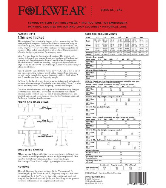 Folkwear 114 Size XS to 3XL Women's Chinese Jacket Sewing Pattern, , hi-res, image 2