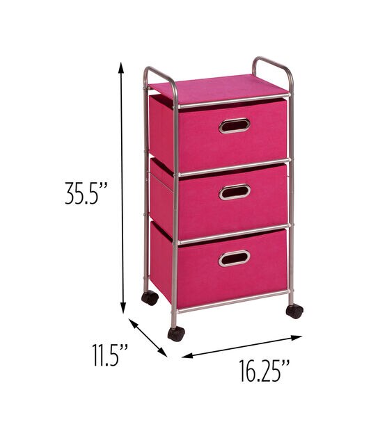 Honey Can Do 16" x 35.5" Pink 3 Drawer Rolling Fabric Cart, , hi-res, image 2