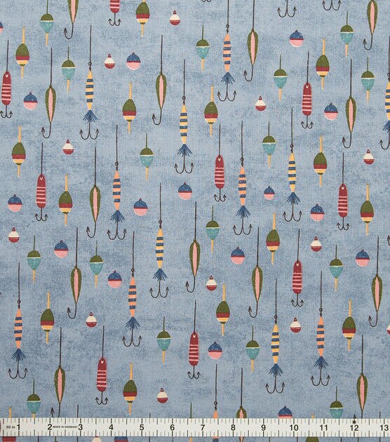 Fishing Hooks On Blue Novelty Prints Cotton Fabric