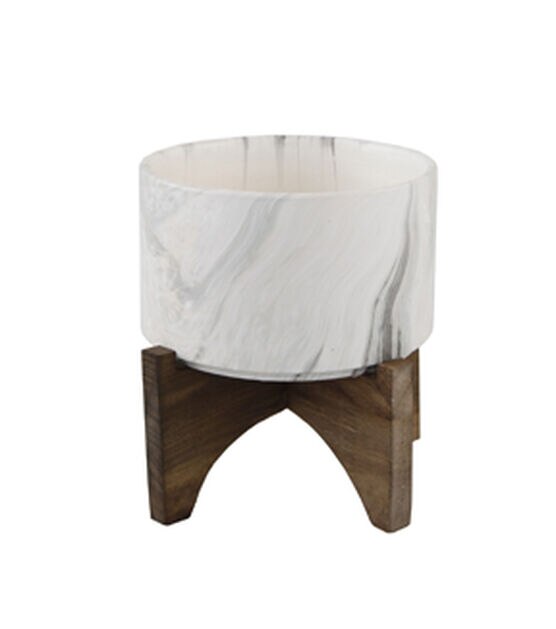 Flora Bunda 5" Marble finish Ceramic Planter on Wood Stand