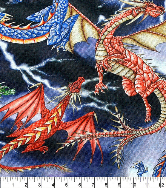Blue Lightening Dragons Novelty Cotton Fabric