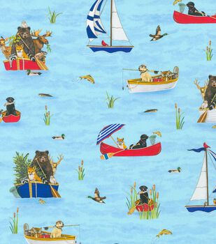 Blue Fishing Hooks & Bobbins Novelty Prints Cotton Fabric