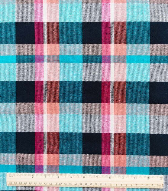 Blue & Brown Plaid Tan Flannel Backed Sherpa Fabric, , hi-res, image 2