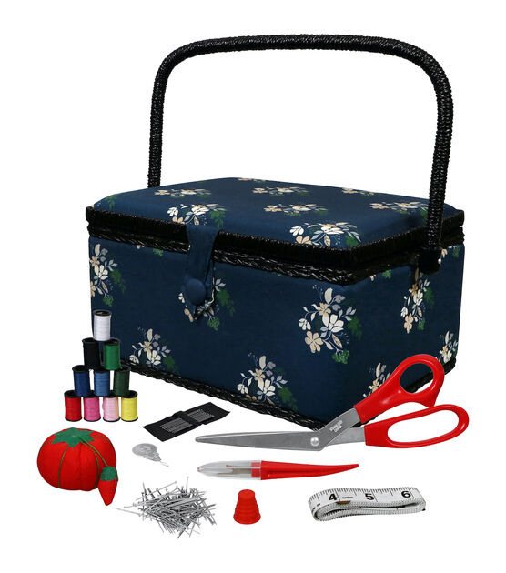 Large Fabric Covered Sewing Basket with Insert Tray and Accessories