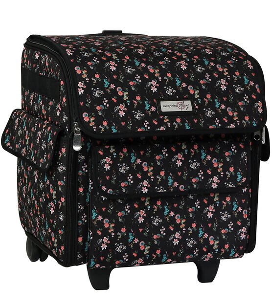 Everything Mary 12 White Floral on Black Rolling Sewing Machine Case