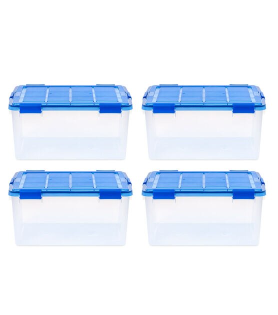 Iris 15 Gallon Clear Plastic Storage Boxes with Blue Lid, Pack of 4