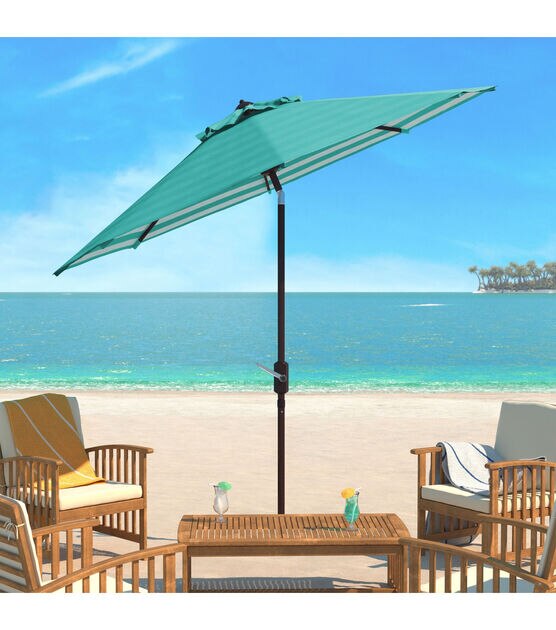 Safavieh 9' Green & White Athens Striped Auto Tilt Patio Umbrella, , hi-res, image 3