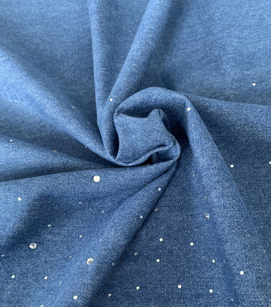 Blue Rhinestone Embellished Denim Fabric, , hi-res, image 3