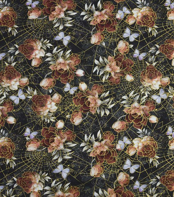Floral on Black Premium Metallic Cotton Fabric
