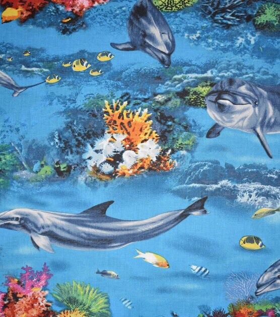 Novelty Cotton Fabric Dolphins & Coral