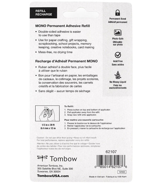 Tombow Mono Permanent Adhesive Applicator, 1/3, Clear