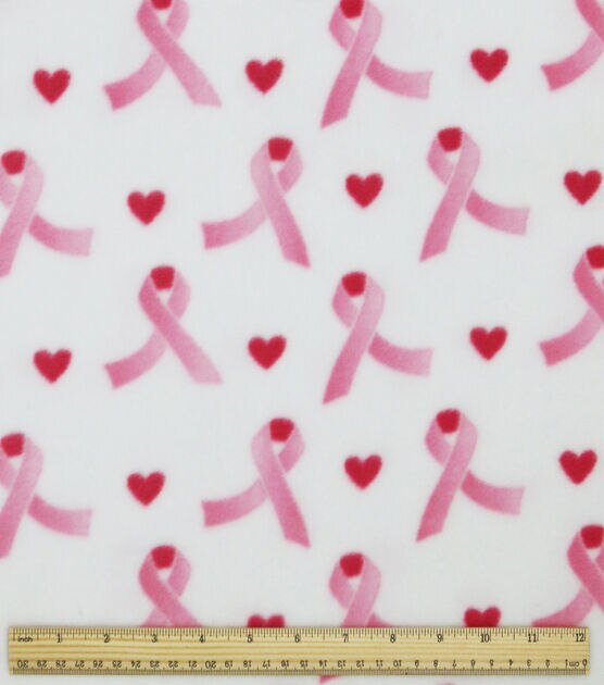 Fleece Pink Ribbons Breast Cancer Awareness Ribbons Hearts on White Fleece  Fabric Print by the Yard (A328.16)