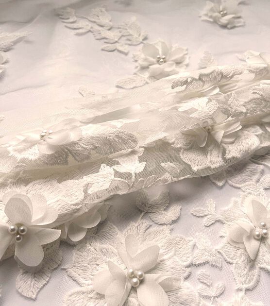 3D White Floral Embroidered With Pearls Mesh Fabric, , hi-res, image 4