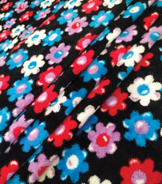 Printed Terry Retro Daisy on Black Terry Cloth Fabric, , hi-res, image 2