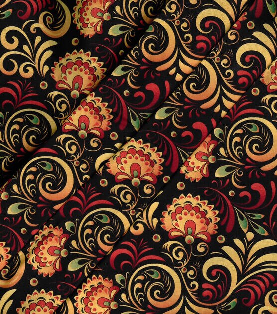 Floral Swirls on Black Premium Cotton Fabric, , hi-res, image 3