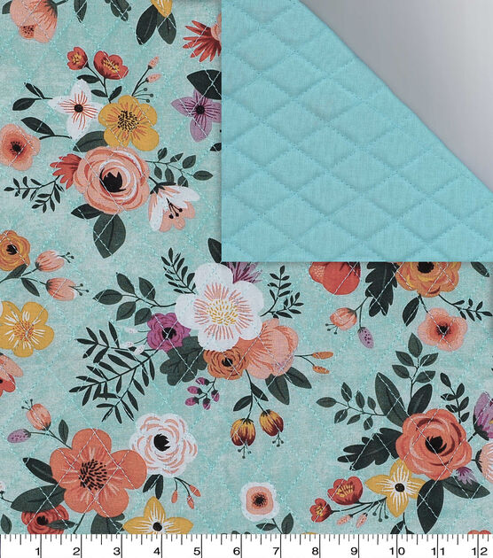 Floral on Aqua Double Faced Pre Quilted Cotton Fabric