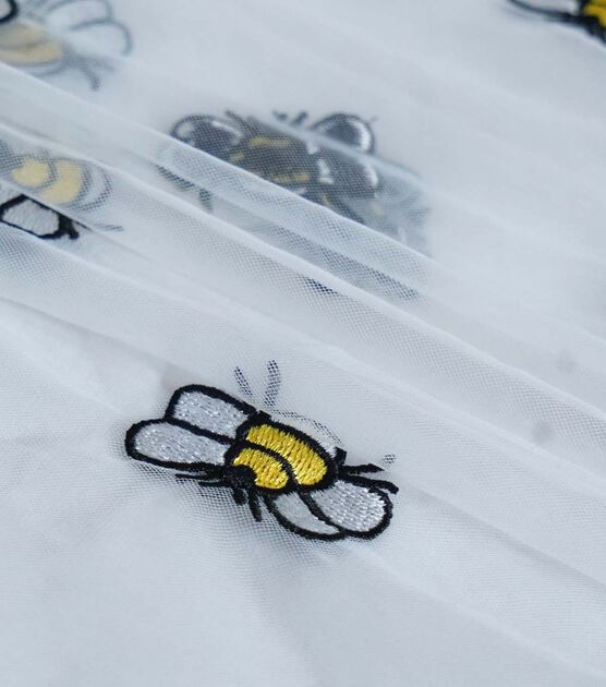 Embroidered Bees on Blue Mesh Fabric by Glitterbug, , hi-res, image 3