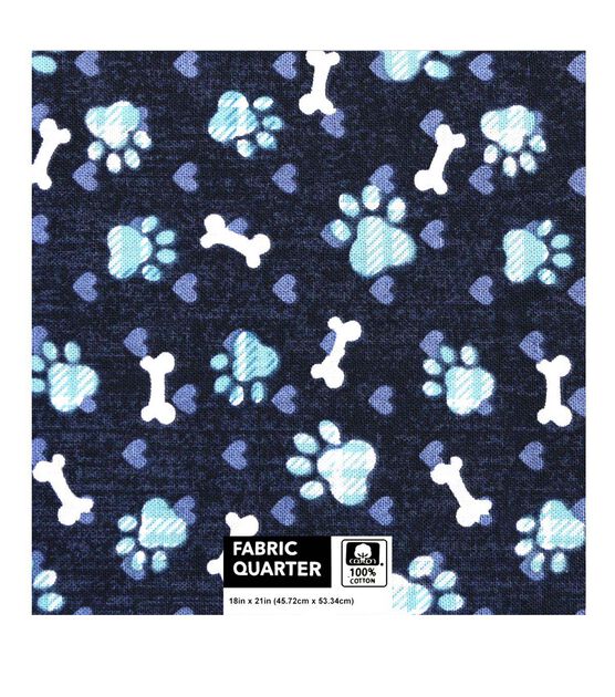 18" x 21" Paw Prints on Blue Novelty Cotton Fabric Quarter 1pc