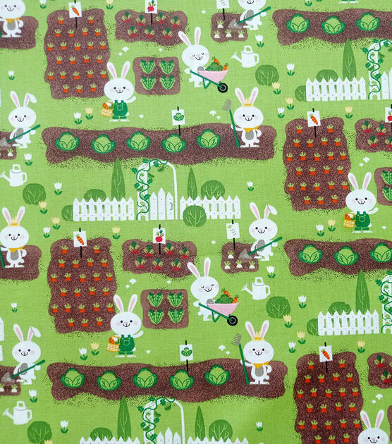Bunnies Gardening on Green Easter Cotton Fabric