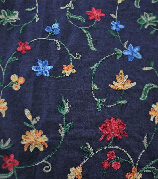 Denim Embroidered Cotton Fabric Blue Multi Floral | JOANN