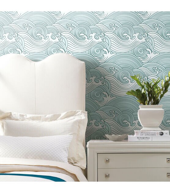 RoomMates 18" x 18' Teal Asian Waves Peel & Stick Wallpaper, , hi-res, image 5