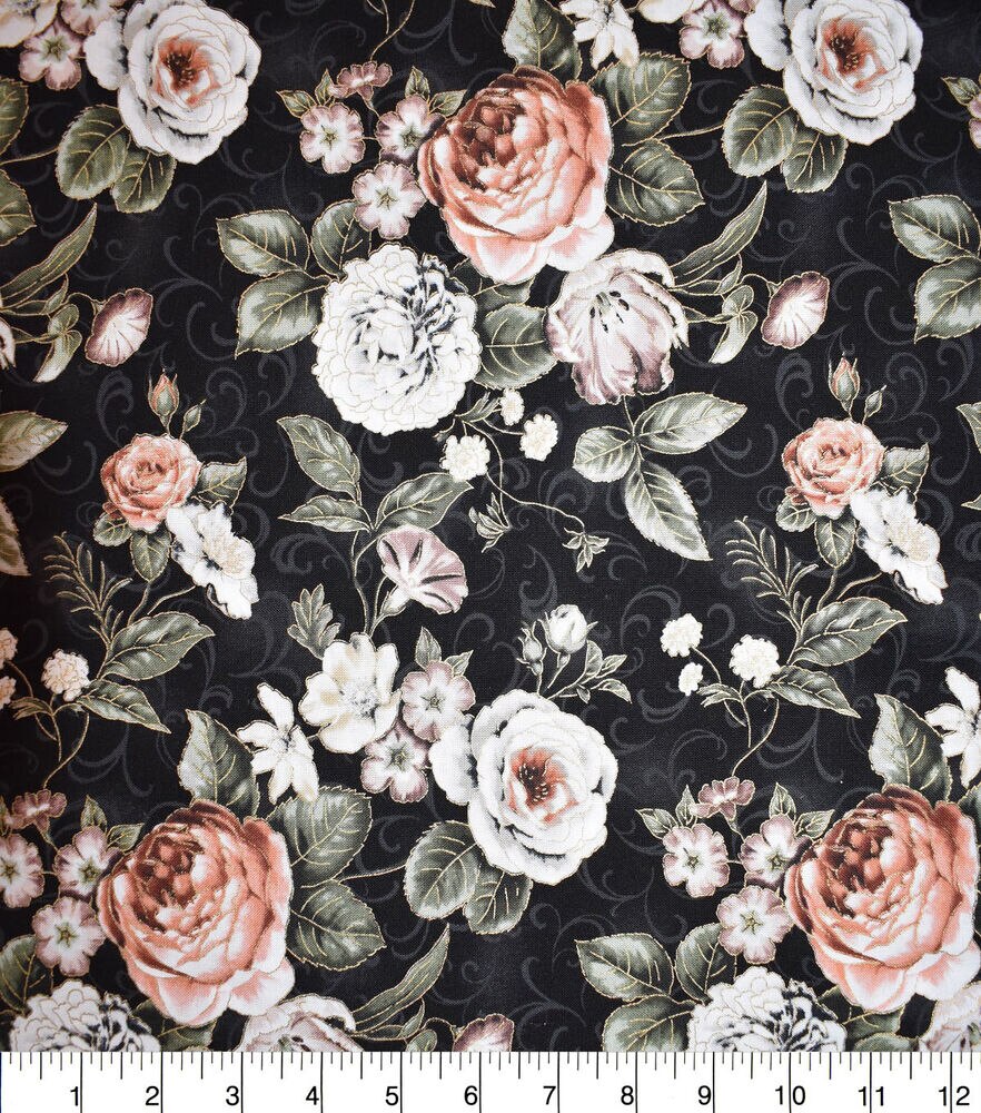 Premium Quilt Cotton Fabric Chloe Floral Black Metallic | JOANN