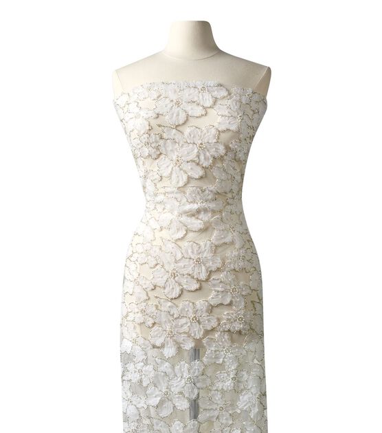 Badgley Mischka White Floral 3D Beaded Tulle Mesh Fabric, , hi-res, image 2