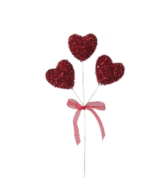 10" Valentine's Day Red 3 Heart Pick With Bow by Bloom Room
