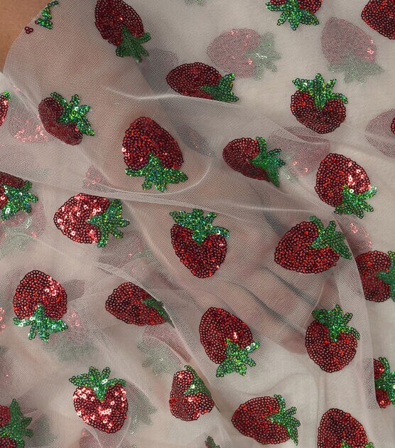 Lovely Strawberry Fruit Glued Mesh Fabric by the Yard - OneYard