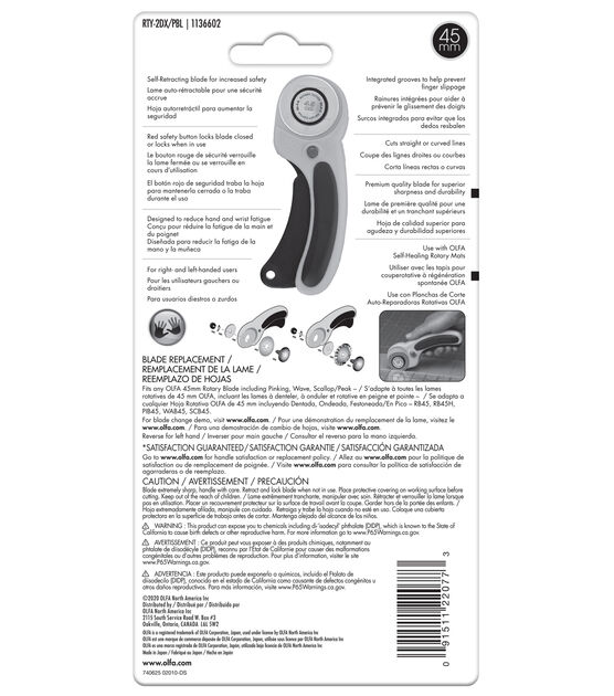 Olfa Ergonomic 45mm Rotary Cutter - Fabric Quilting Crafts 6.5