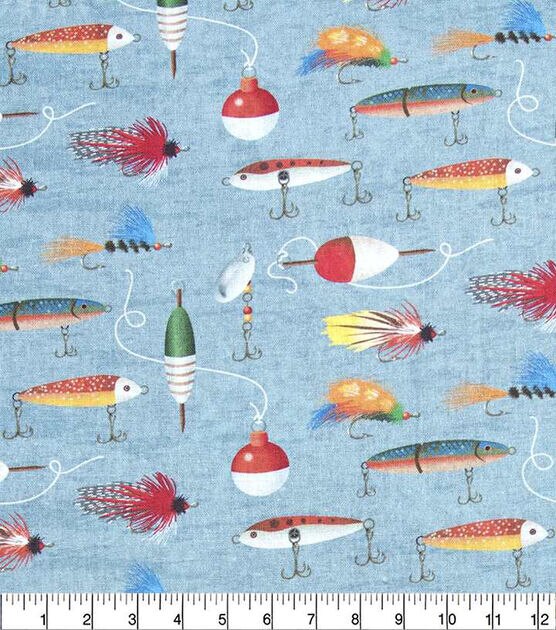 Blue Fishing Hooks & Bobbins Novelty Prints Cotton Fabric, , hi-res, image 2