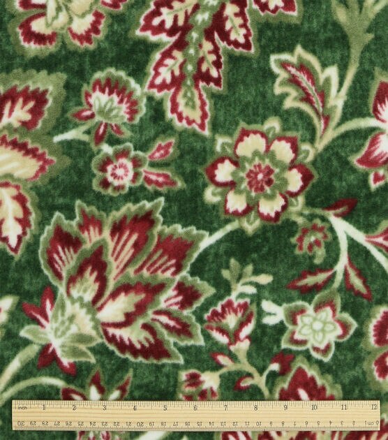 Red Floral Print on Green Luxe Fleece Fabric, , hi-res, image 3