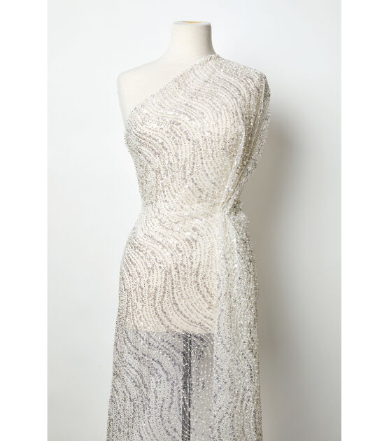 Badgley Mischka White Beaded Sequin Mesh Fabric, , hi-res, image 2