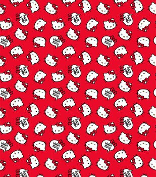 Hello Kitty fabric -- Hello Kitty, bows, and pink polka dots on red -- 100%  cotton quilting fabric