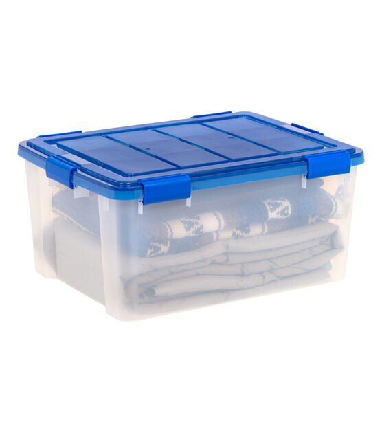 Iris 15 Gallon Clear Plastic Storage Boxes with Blue Lid, Pack of 4