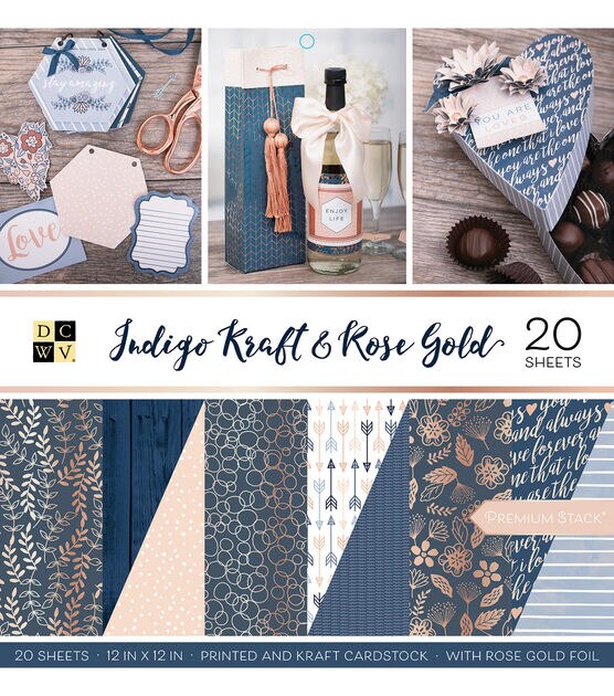 DCWV 20 Sheet 12 x 12 Indigo Kraft & Rose Gold Printed Cardstock