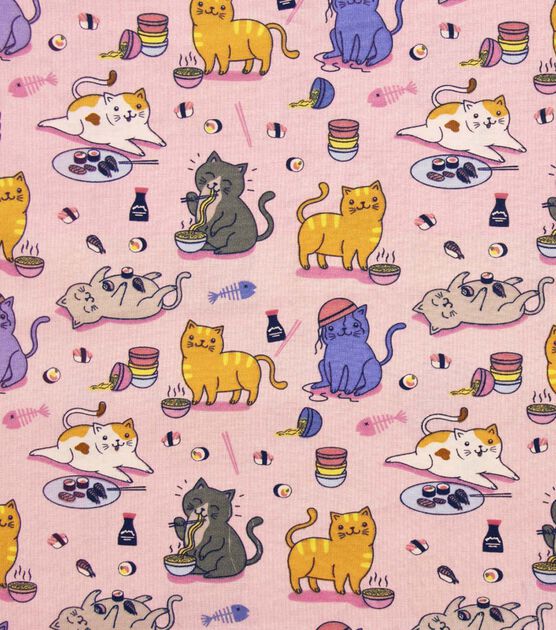 Sushi Cats on Pink Novelty Cotton Fabric